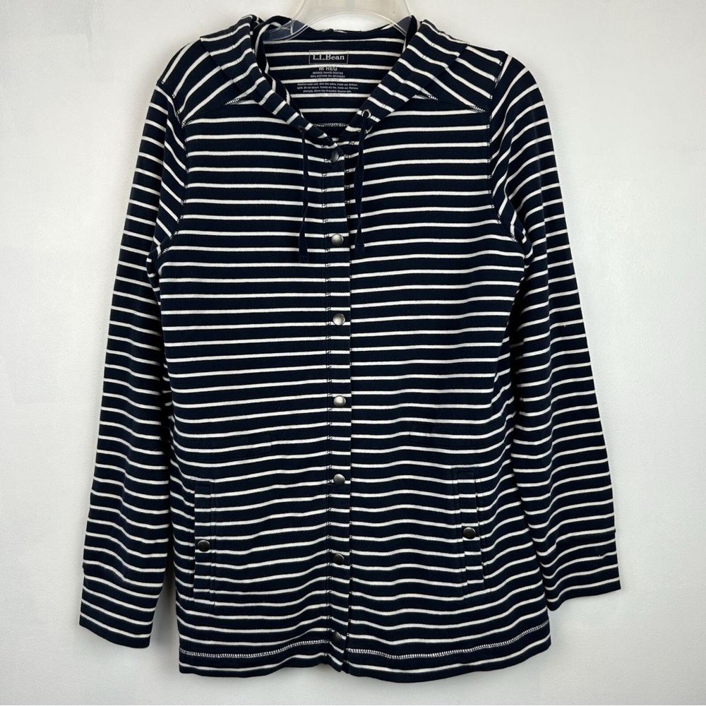 L.L. Bean Navy & White Striped Hooded Snap-Front Jacket